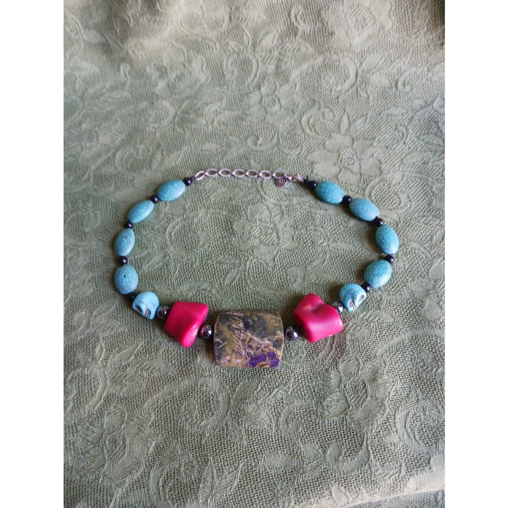Boho Jasper Turquoise Coral Skull Bead Choker Necklace